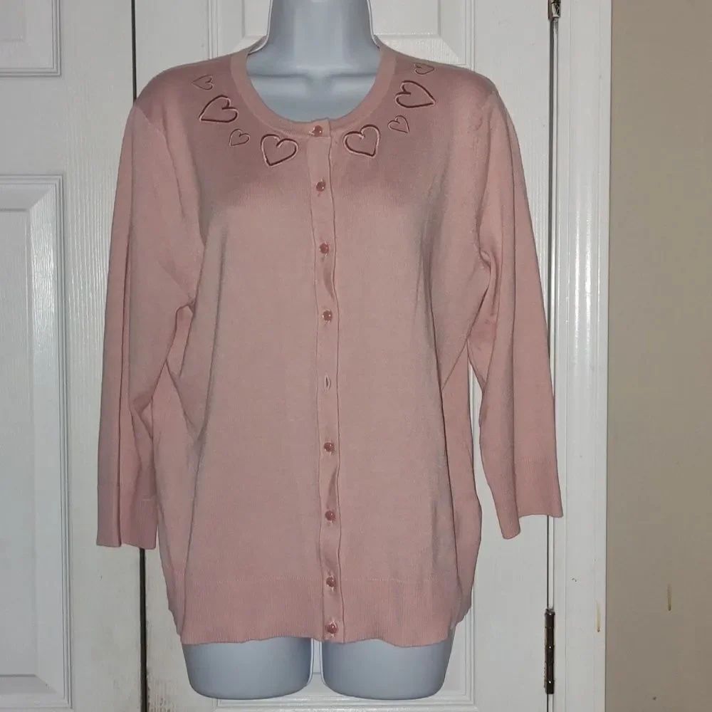 Cable & Guage pink button down cardigan heart embroidered collar  Sz XL